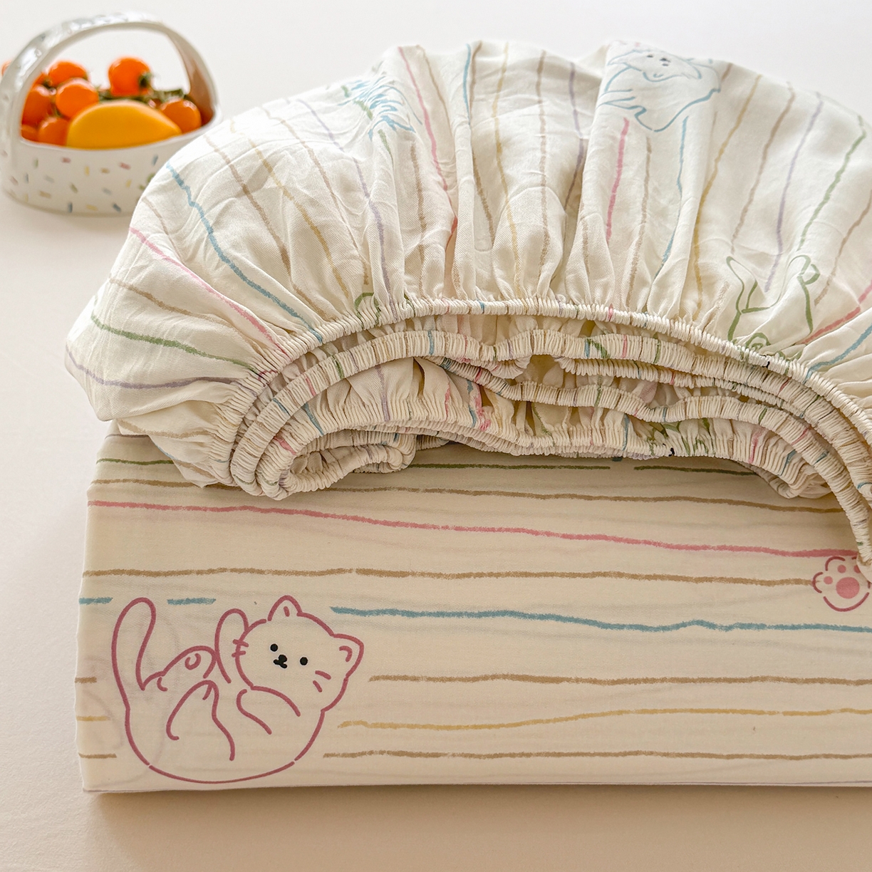 91家纺网 家纺一手货源 找家纺 壹贝家纺 2026新款全棉印花床笠系列 招财猫