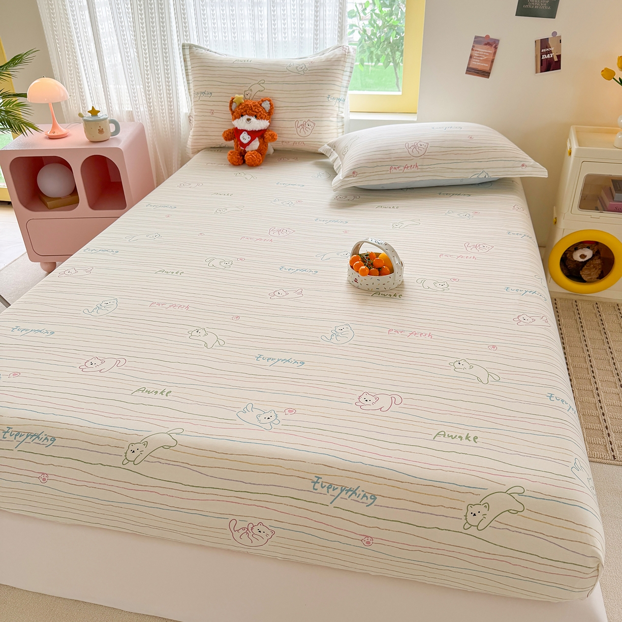 91家纺网 家纺一手货源 找家纺 壹贝家纺 2026新款全棉印花床笠系列 招财猫