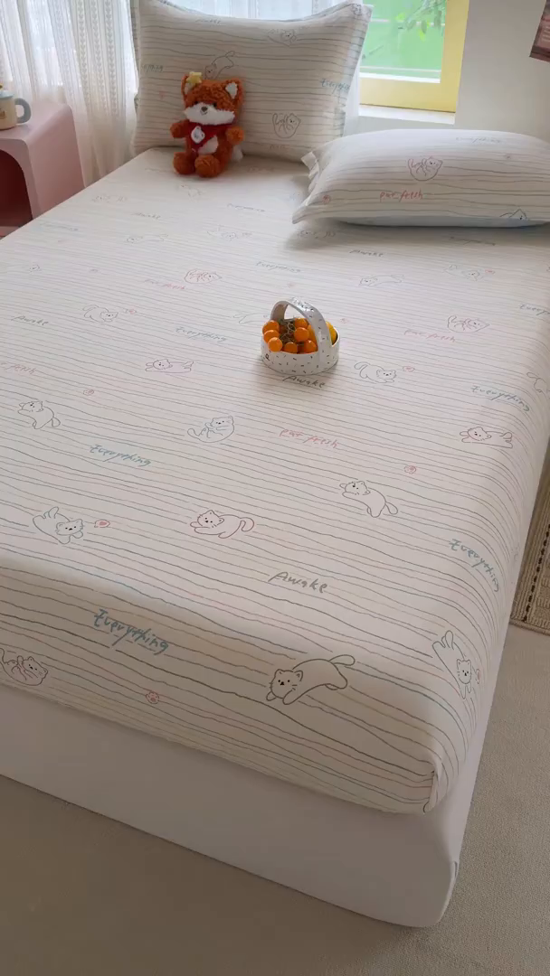 91家纺网 家纺一手货源 找家纺 壹贝家纺 2026新款全棉印花床笠系列 招财猫