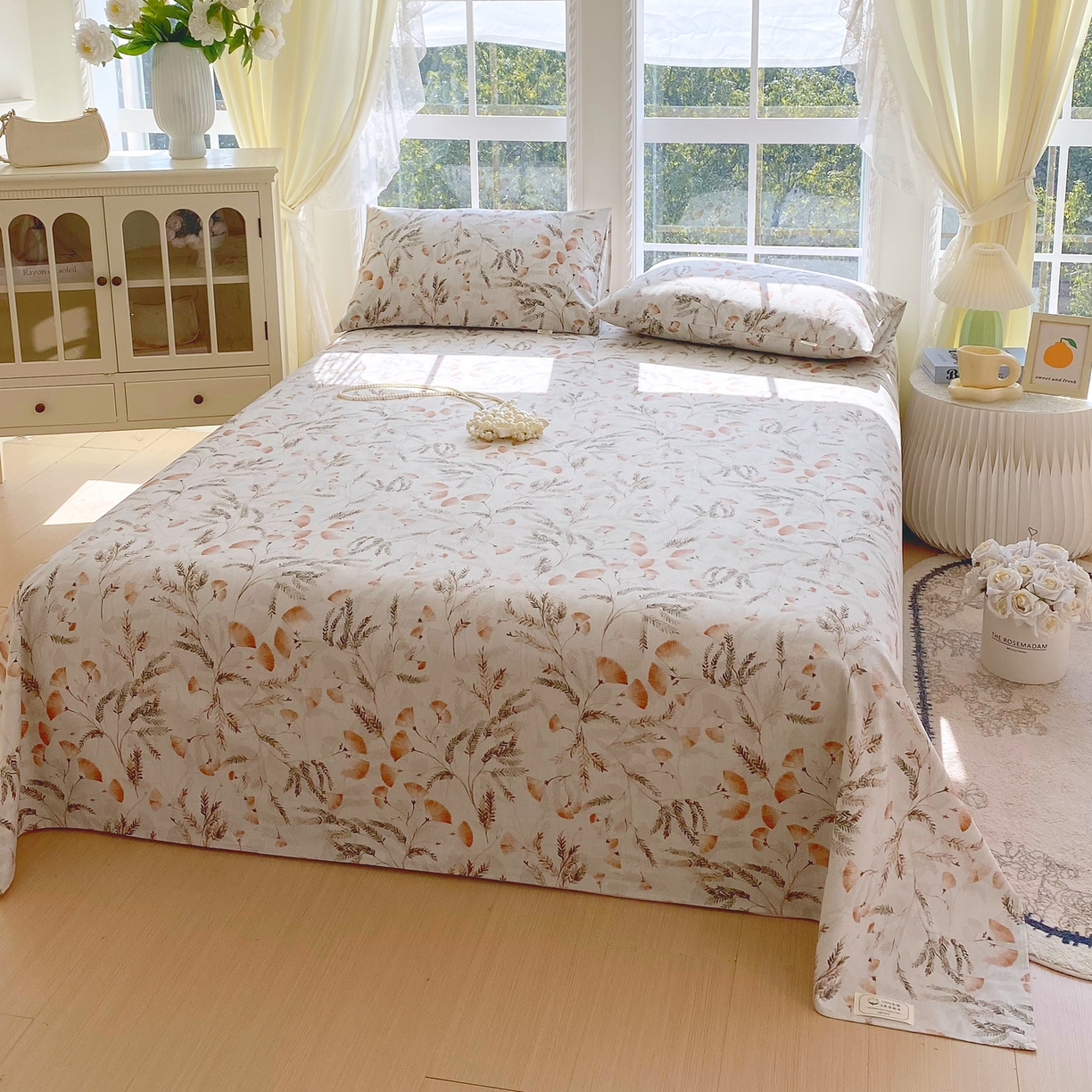 91家纺网 家纺一手货源 找家纺 金鑫汇家纺 2026新款全棉老粗布单品床单系列 月下花影-桔