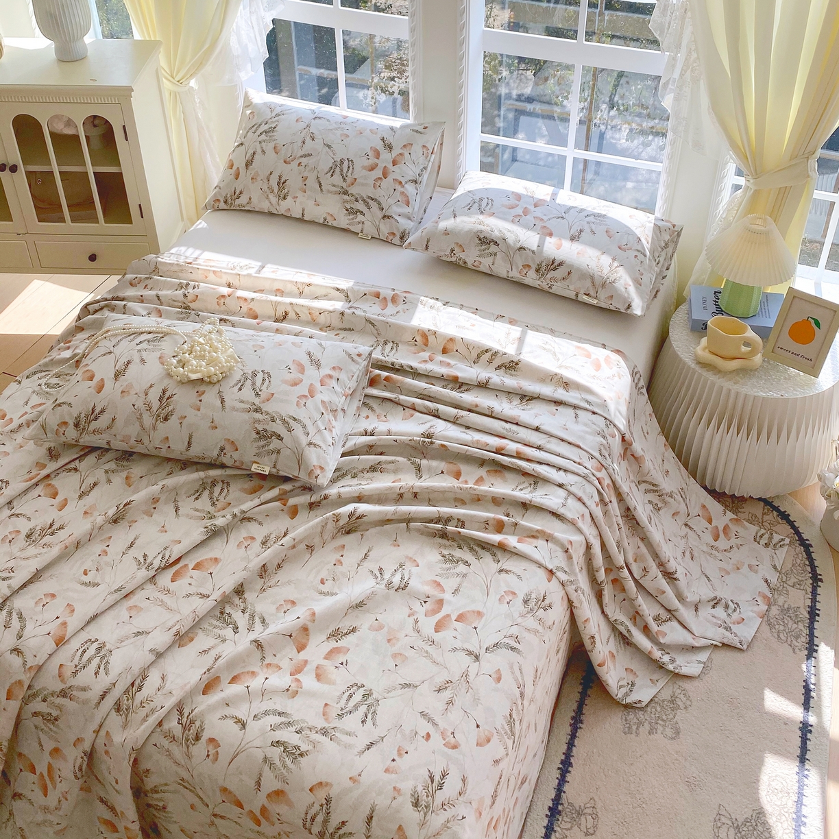 91家纺网 家纺一手货源 找家纺 金鑫汇家纺 2026新款全棉老粗布单品床单系列 月下花影-桔