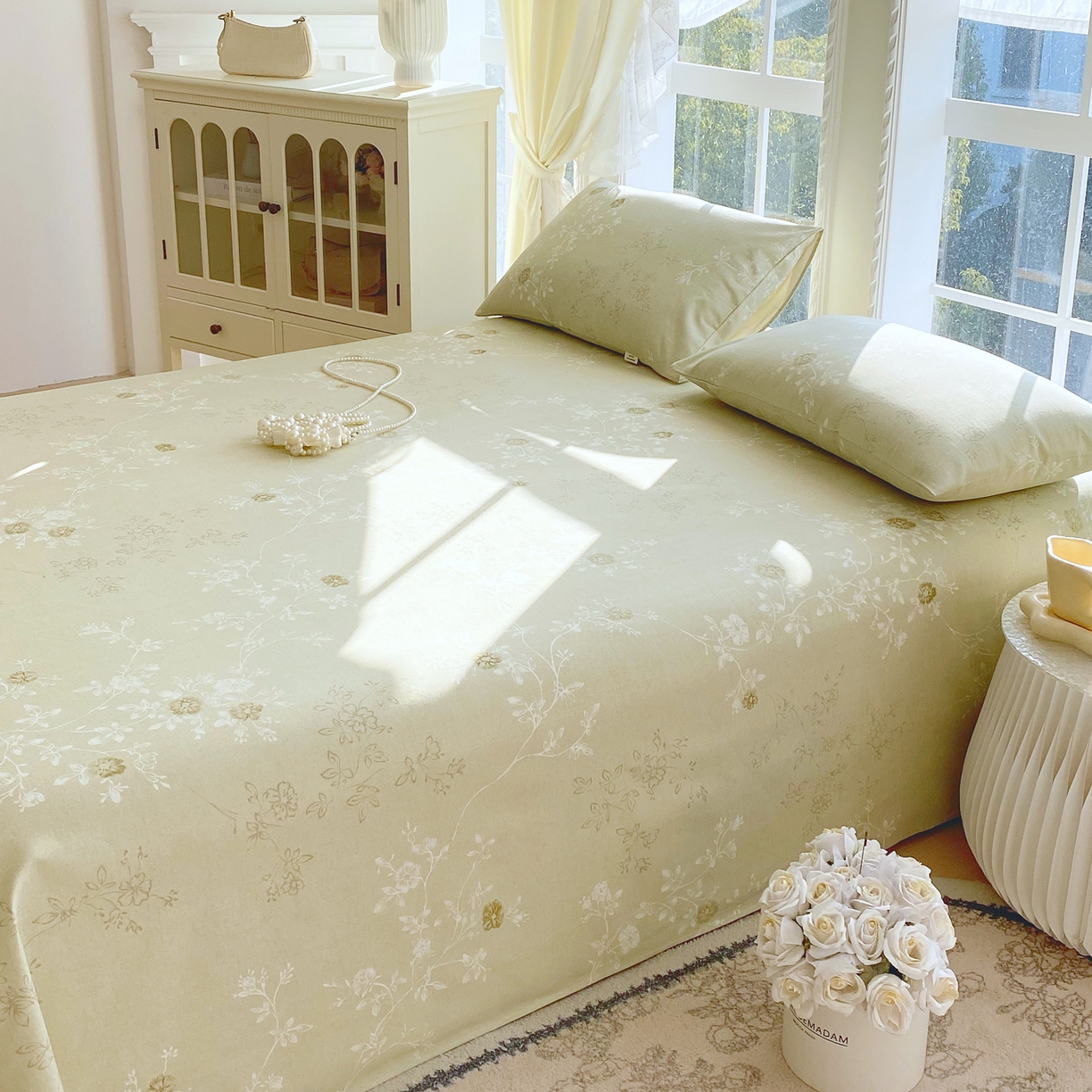 91家纺网 家纺一手货源 找家纺 金鑫汇家纺 2026新款全棉老粗布单品床单系列 浅绿可露丽