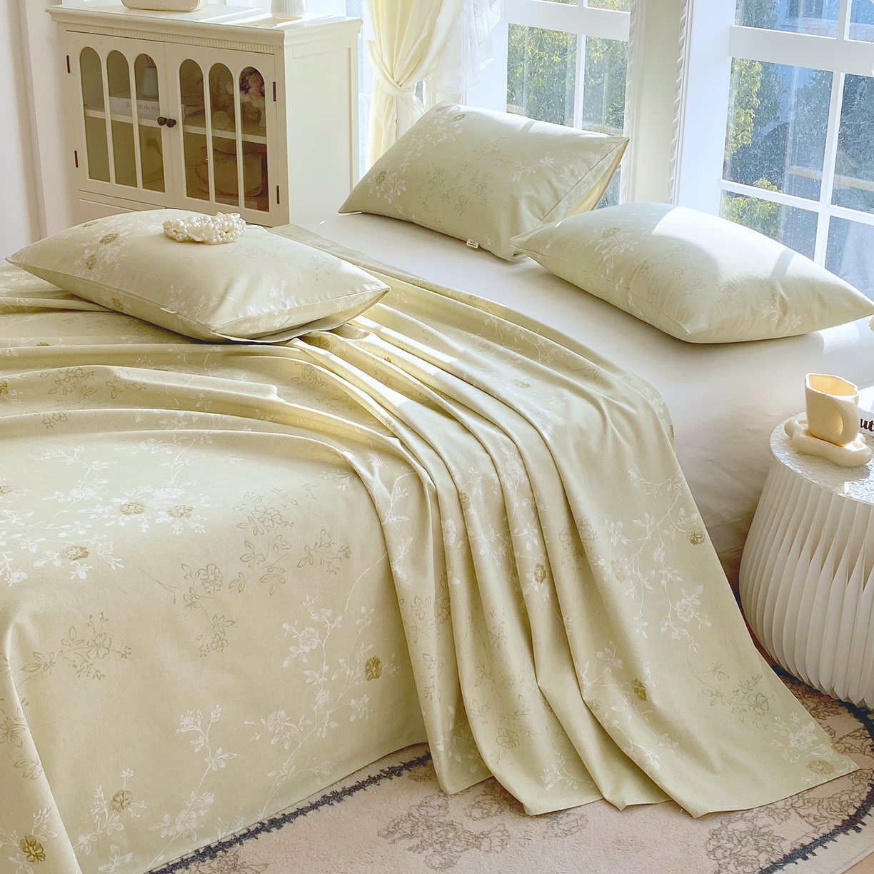 91家纺网 家纺一手货源 找家纺 金鑫汇家纺 2026新款全棉老粗布单品床单系列 浅绿可露丽