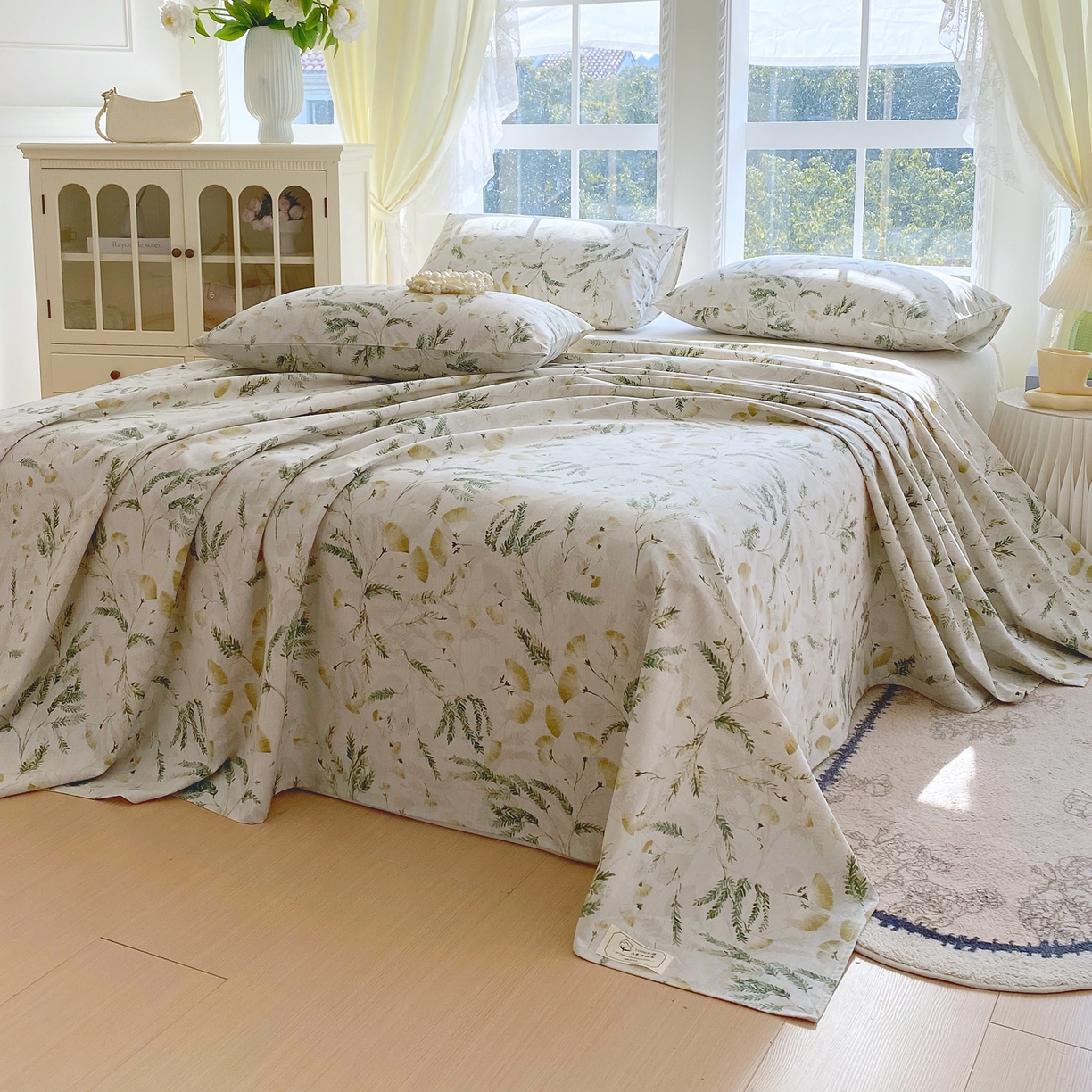 91家纺网 家纺一手货源 找家纺 金鑫汇家纺 2026新款全棉老粗布单品床单系列 月下花影-绿