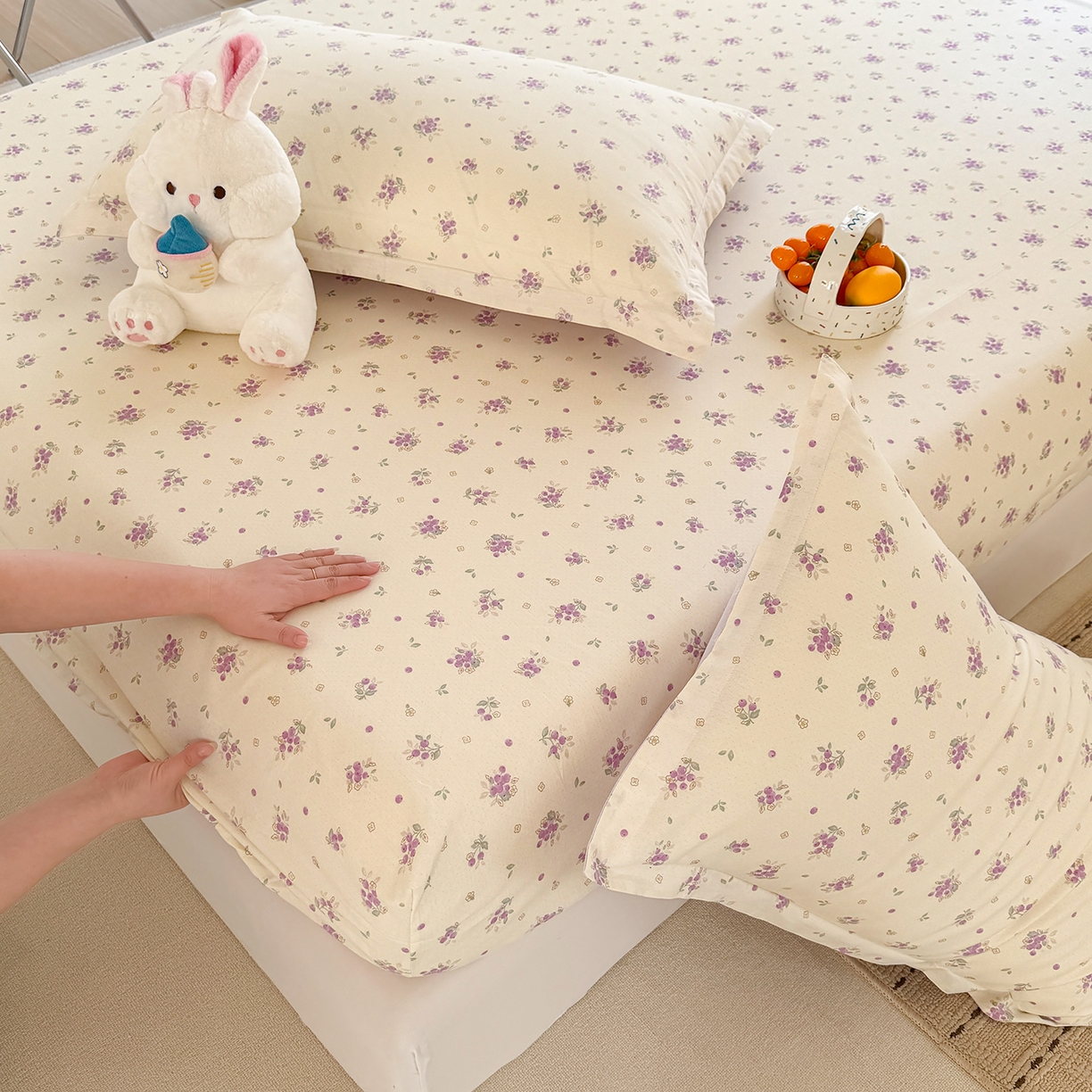 91家纺网 家纺一手货源 找家纺 壹贝家纺 2026新款全棉印花床笠系列 紫汀兰