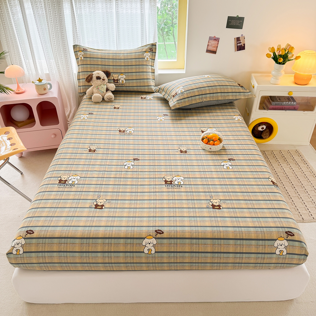 壹贝家纺 2026新款全棉印花床笠系列 自拍小狗