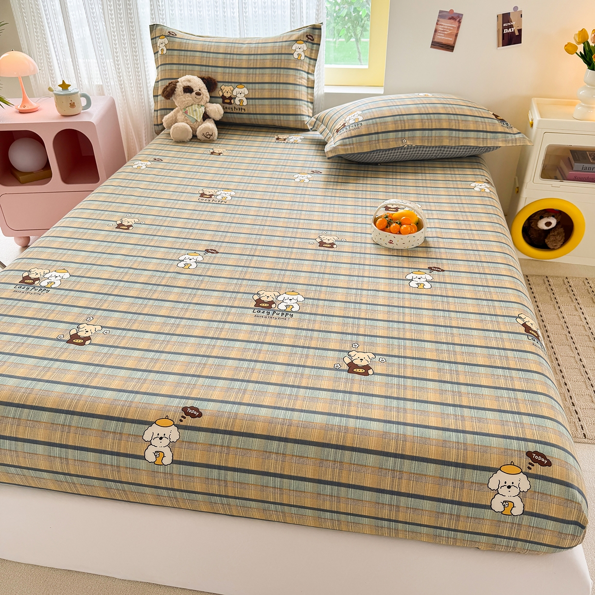 91家纺网 家纺一手货源 找家纺 壹贝家纺 2026新款全棉印花床笠系列 自拍小狗