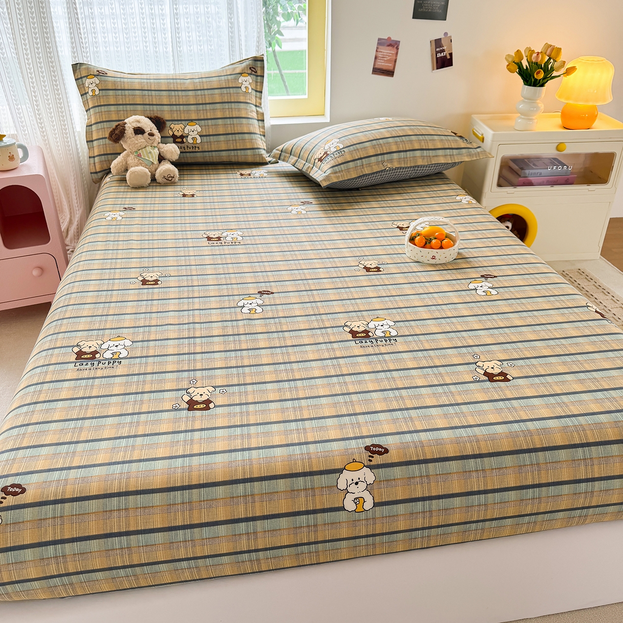 91家纺网 家纺一手货源 找家纺 壹贝家纺 2026新款全棉印花床笠系列 自拍小狗