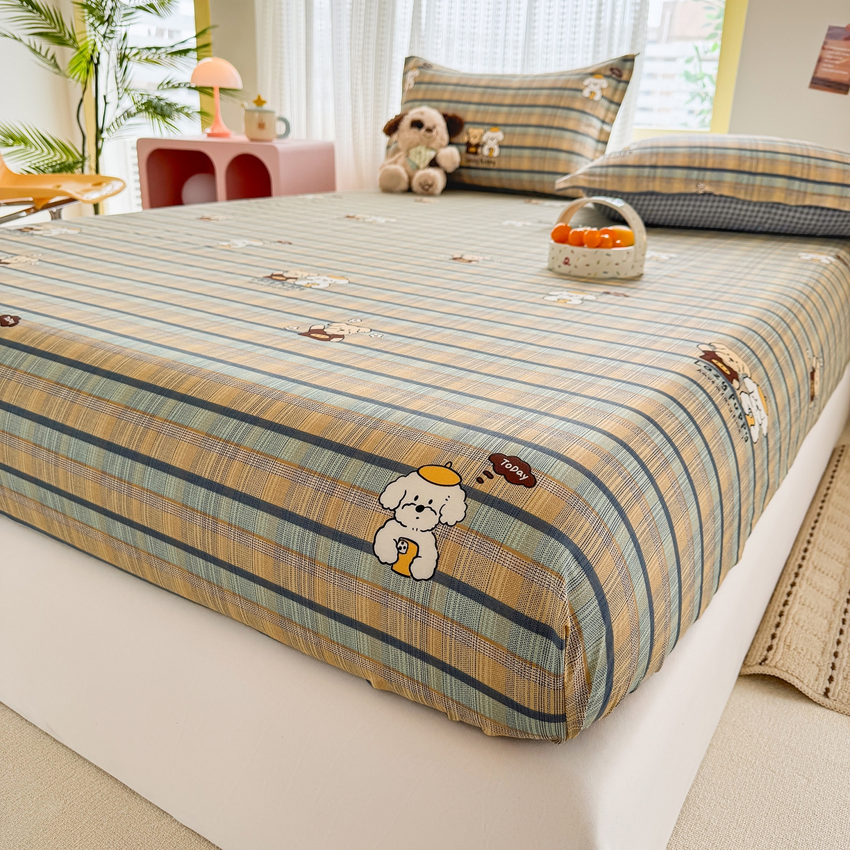 91家纺网 家纺一手货源 找家纺 壹贝家纺 2026新款全棉印花床笠系列 自拍小狗