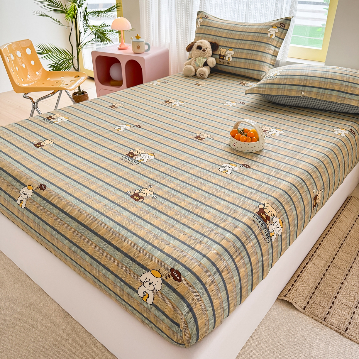 91家纺网 家纺一手货源 找家纺 壹贝家纺 2026新款全棉印花床笠系列 自拍小狗