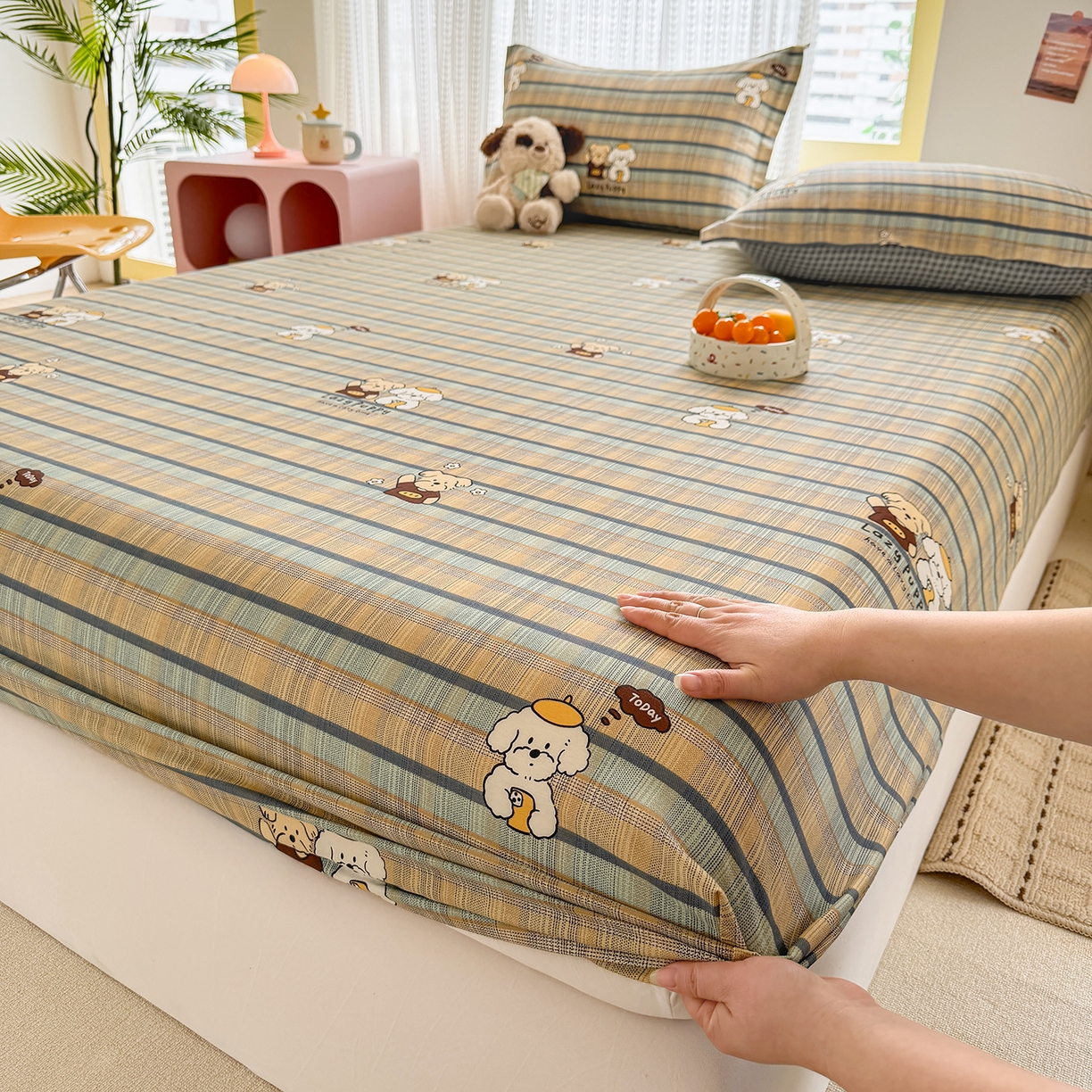 91家纺网 家纺一手货源 找家纺 壹贝家纺 2026新款全棉印花床笠系列 自拍小狗