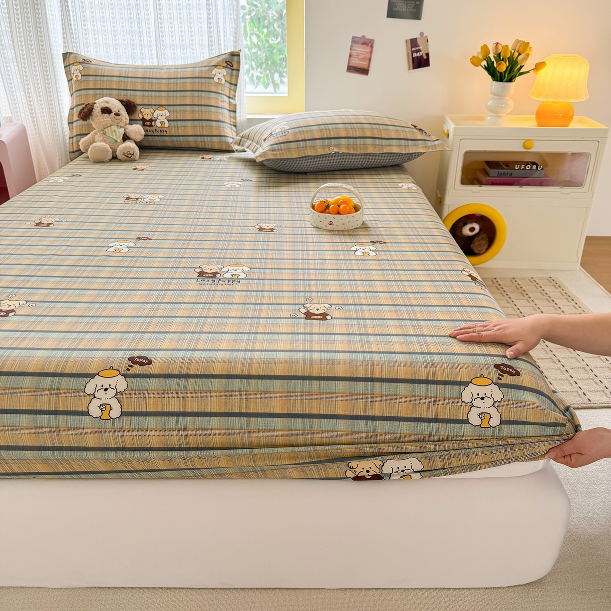 91家纺网 家纺一手货源 找家纺 壹贝家纺 2026新款全棉印花床笠系列 自拍小狗