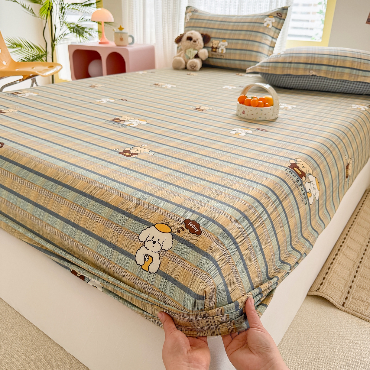 91家纺网 家纺一手货源 找家纺 壹贝家纺 2026新款全棉印花床笠系列 自拍小狗