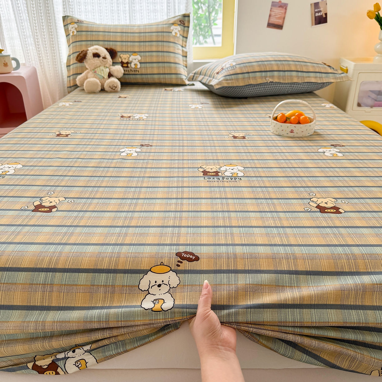 91家纺网 家纺一手货源 找家纺 壹贝家纺 2026新款全棉印花床笠系列 自拍小狗