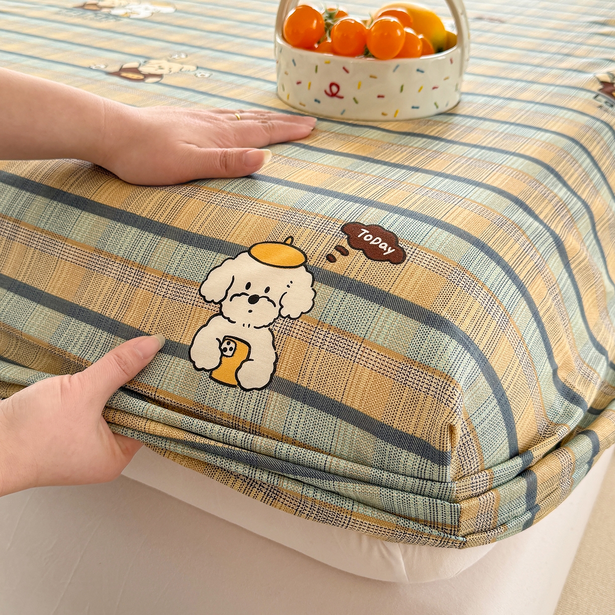 91家纺网 家纺一手货源 找家纺 壹贝家纺 2026新款全棉印花床笠系列 自拍小狗