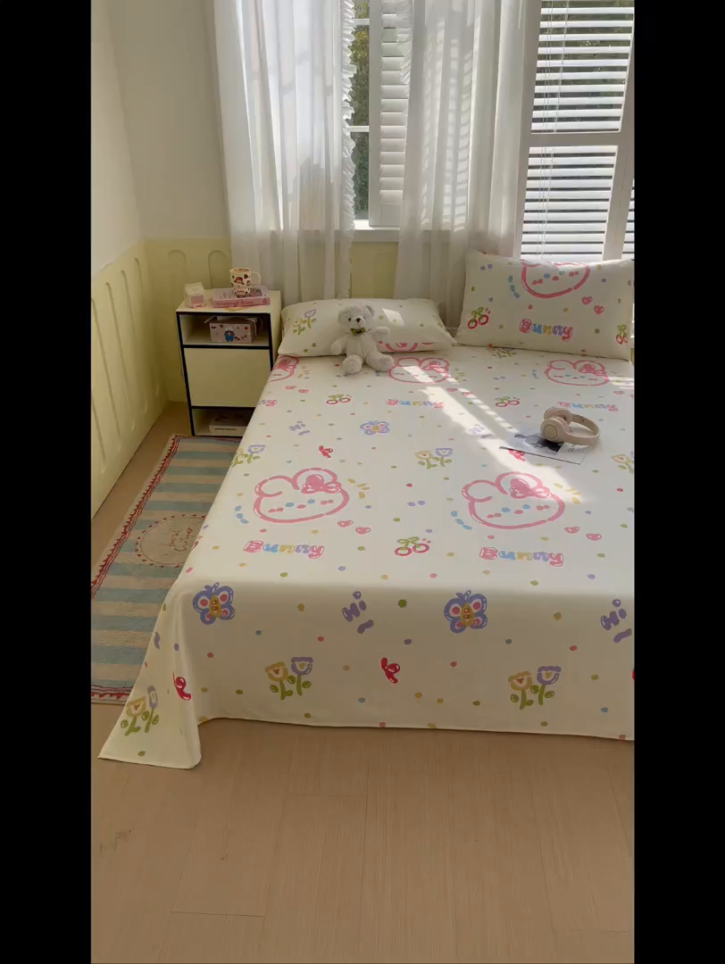 91家纺网 家纺一手货源 找家纺 金鑫汇家纺 2026新款全棉老粗布单品床单系列 奇趣小兔