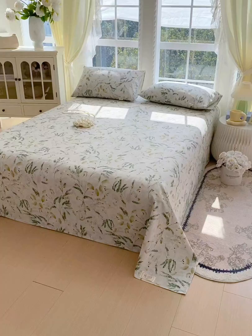 91家纺网 家纺一手货源 找家纺 金鑫汇家纺 2026新款全棉老粗布单品床单系列 月下花影-绿