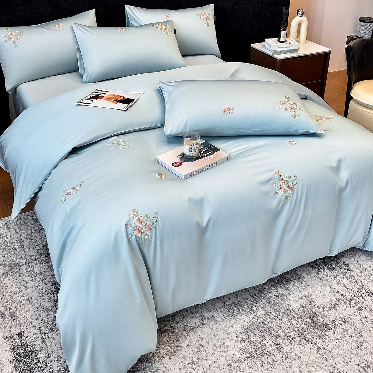 91家纺网 家纺一手货源 找家纺 欣宜家纺 2026新款50s纯棉全棉贡缎长绒棉刺绣绣花床上四件套【含高端礼盒】-花影系列 花影-天空蓝