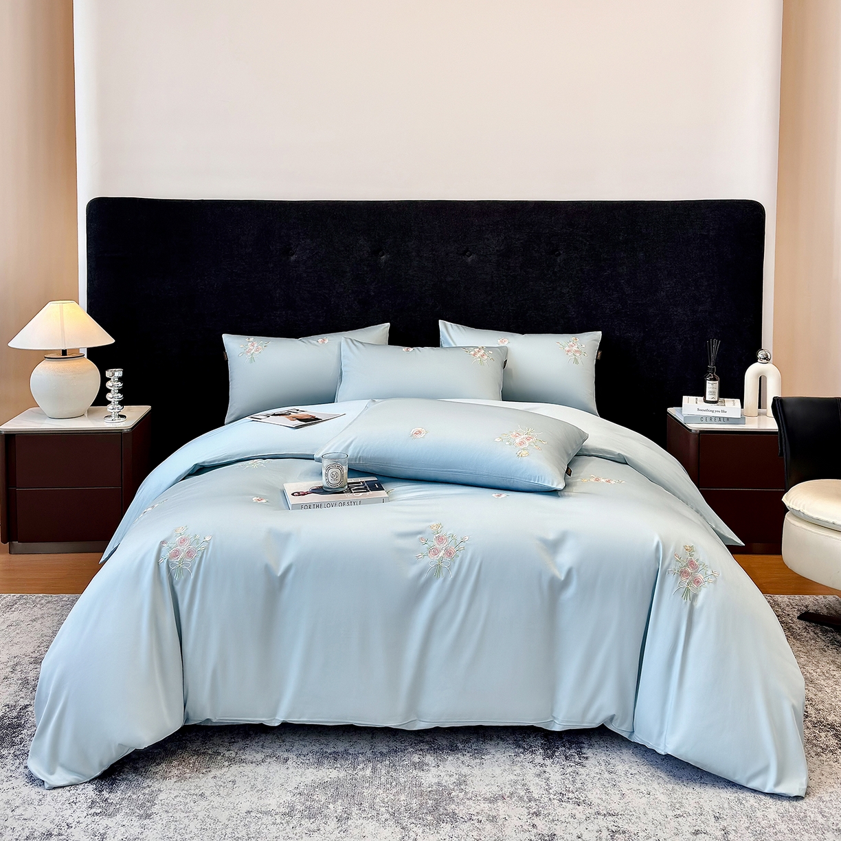 欣宜家纺 2026新款50s纯棉全棉贡缎长绒棉刺绣绣花床上四件套【含高端礼盒】-花影系列 花影-天空蓝