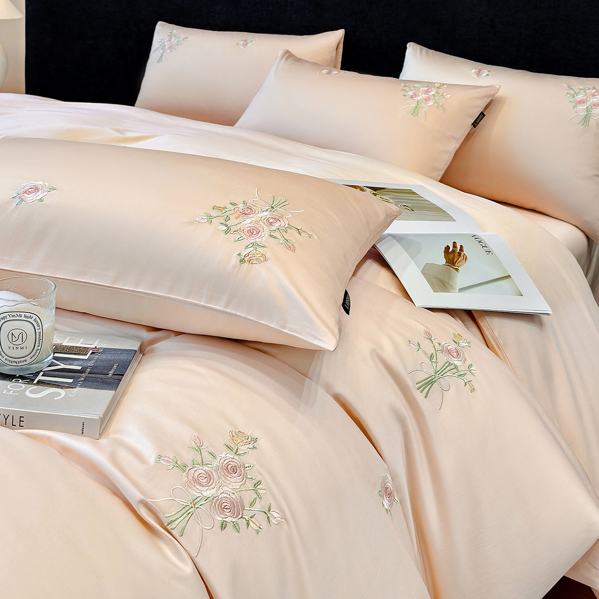 91家纺网 家纺一手货源 找家纺 欣宜家纺 2026新款50s纯棉全棉贡缎长绒棉刺绣绣花床上四件套【含高端礼盒】-花影系列 花影-轻奢粉