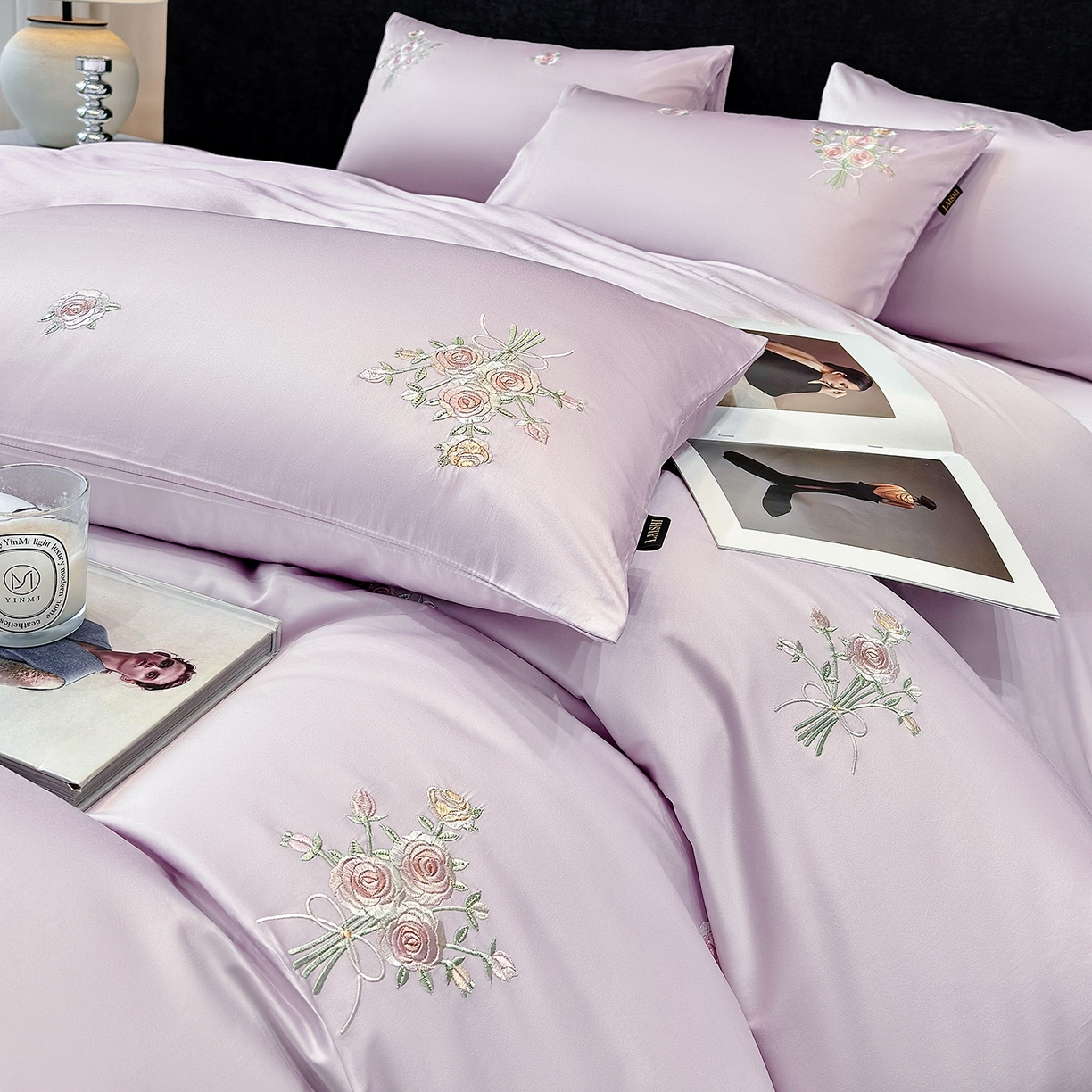 91家纺网 家纺一手货源 找家纺 欣宜家纺 2026新款50s纯棉全棉贡缎长绒棉刺绣绣花床上四件套【含高端礼盒】-花影系列 花影-香芋紫