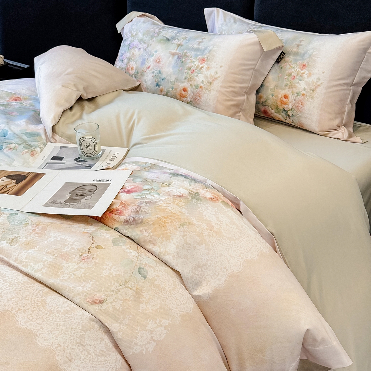 91家纺网 家纺一手货源 找家纺 欣宜家纺 2026新款50s纯棉全棉贡缎长绒棉数码印花床上四件套【含高端礼盒】-芙光系列 芙光 香槟