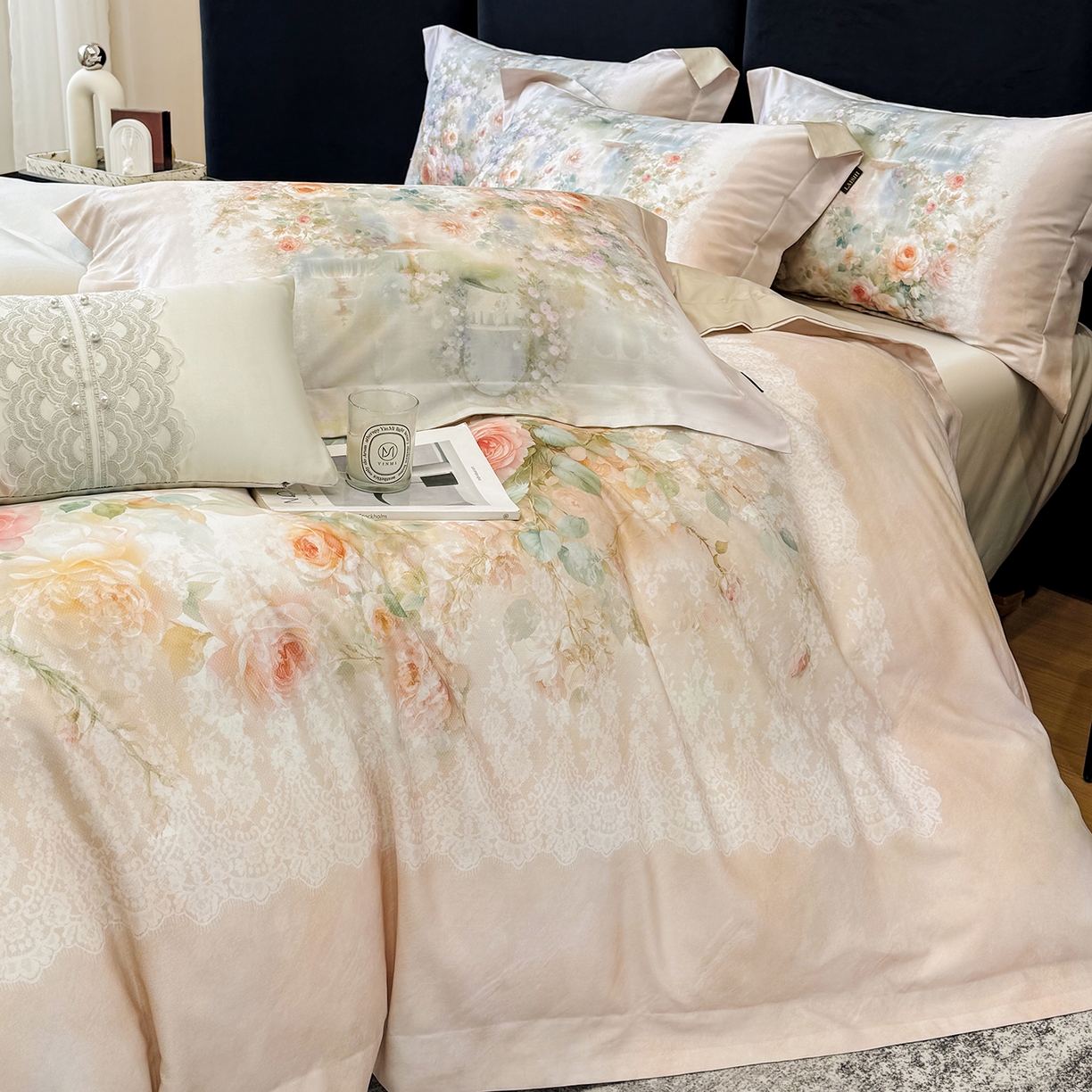 91家纺网 家纺一手货源 找家纺 欣宜家纺 2026新款50s纯棉全棉贡缎长绒棉数码印花床上四件套【含高端礼盒】-芙光系列 芙光 香槟