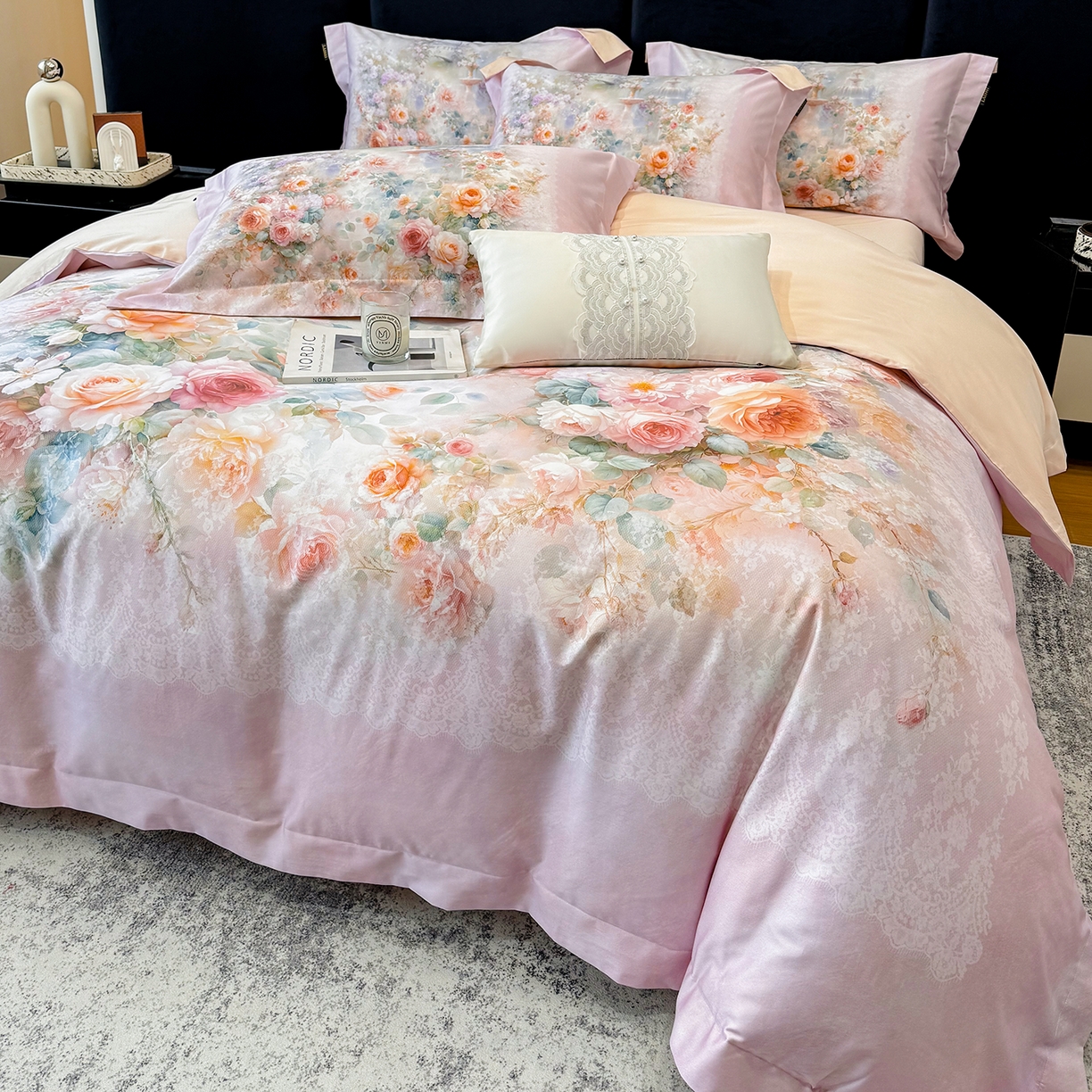 91家纺网 家纺一手货源 找家纺 欣宜家纺 2026新款50s纯棉全棉贡缎长绒棉数码印花床上四件套【含高端礼盒】-芙光系列 芙光 轻奢粉