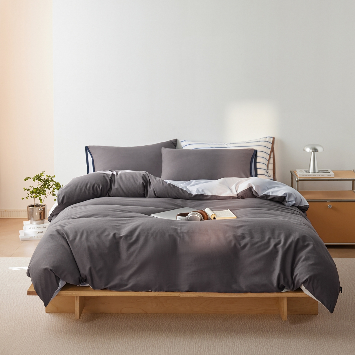 佳汐蓝家纺 2026新款春夏人字纹小提花拼色系列四件套 人字纹炭灰