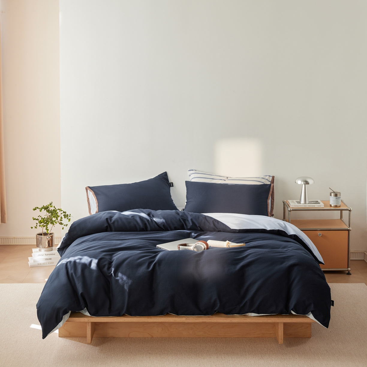 佳汐蓝家纺 2026新款春夏人字纹小提花拼色系列四件套 人字纹藏青