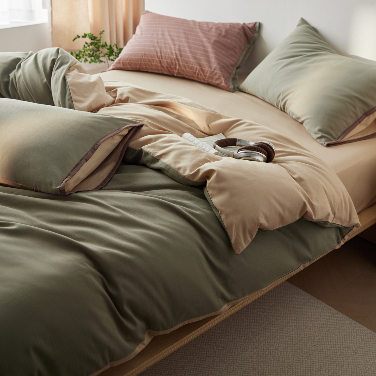 91家纺网 家纺一手货源 找家纺 佳汐蓝家纺 2026新款春夏人字纹小提花拼色系列四件套 人字纹韩绿