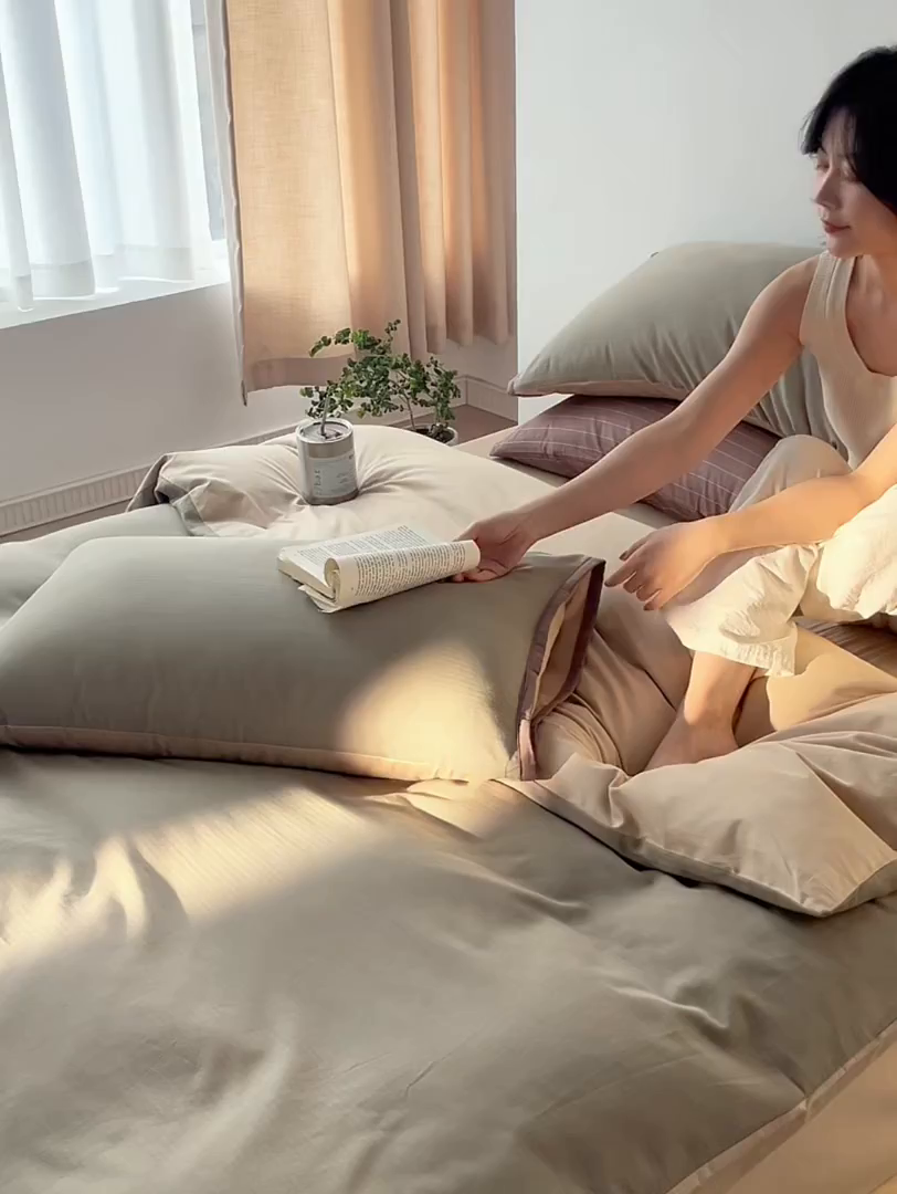 91家纺网 家纺一手货源 找家纺 佳汐蓝家纺 2026新款春夏人字纹小提花拼色系列四件套 人字纹韩绿