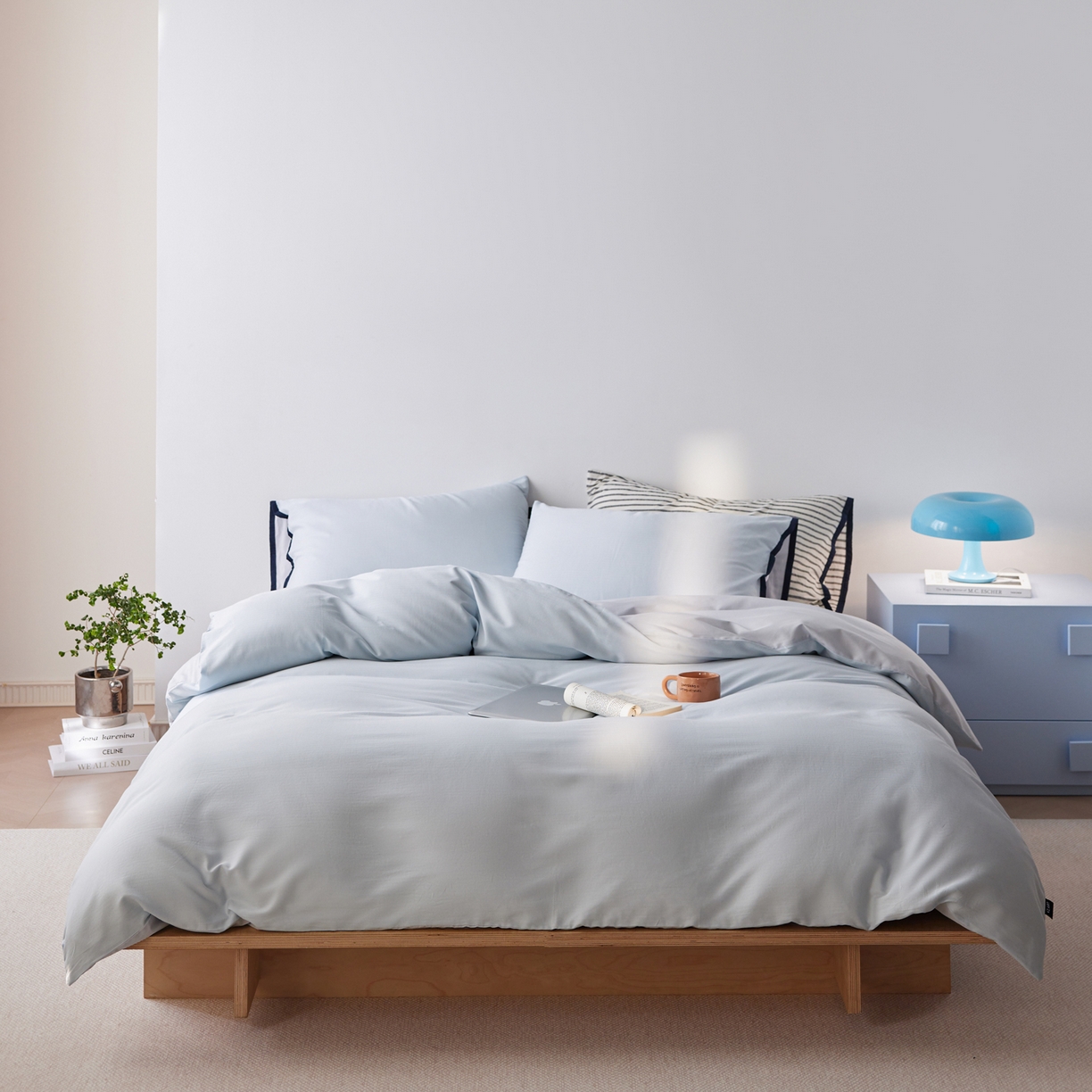 佳汐蓝家纺 2026新款春夏人字纹小提花拼色系列四件套 人字纹浅蓝