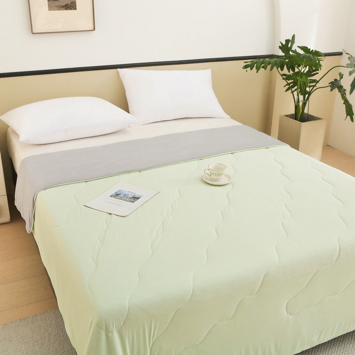 91家纺网 家纺一手货源 找家纺 亚龙工厂店 2026新款跨境直播热款A类冰淇淋冰皮小凉被被子被芯 果绿+灰色