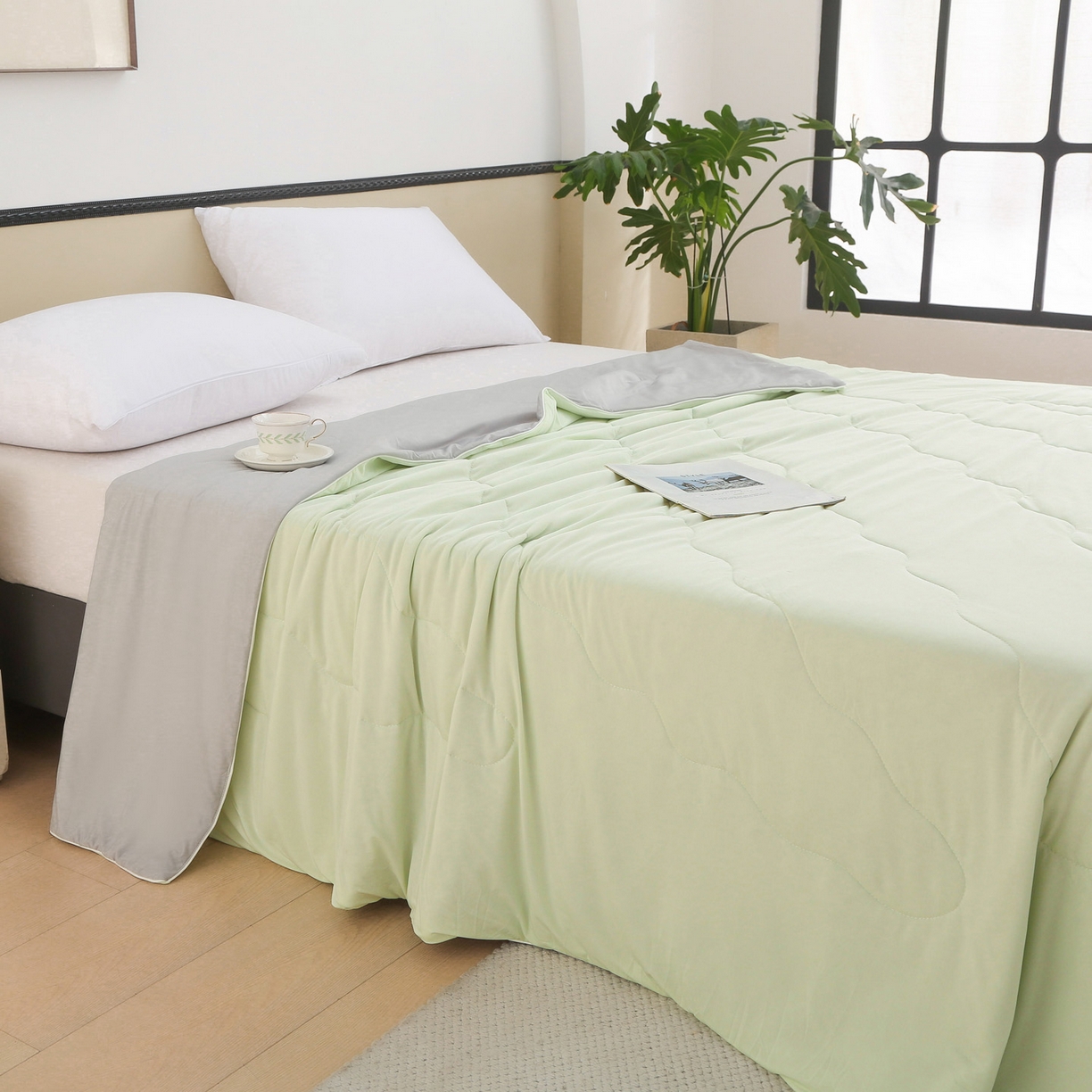 91家纺网 家纺一手货源 找家纺 亚龙工厂店 2026新款跨境直播热款A类冰淇淋冰皮小凉被被子被芯 果绿+灰色