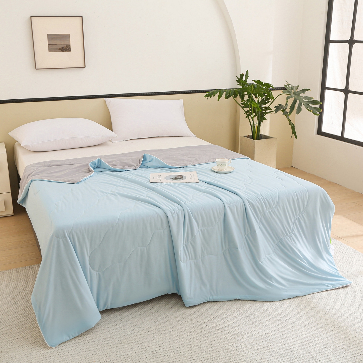 91家纺网 家纺一手货源 找家纺 亚龙工厂店 2026新款跨境直播热款A类冰淇淋冰皮小凉被被子被芯 天蓝+灰色