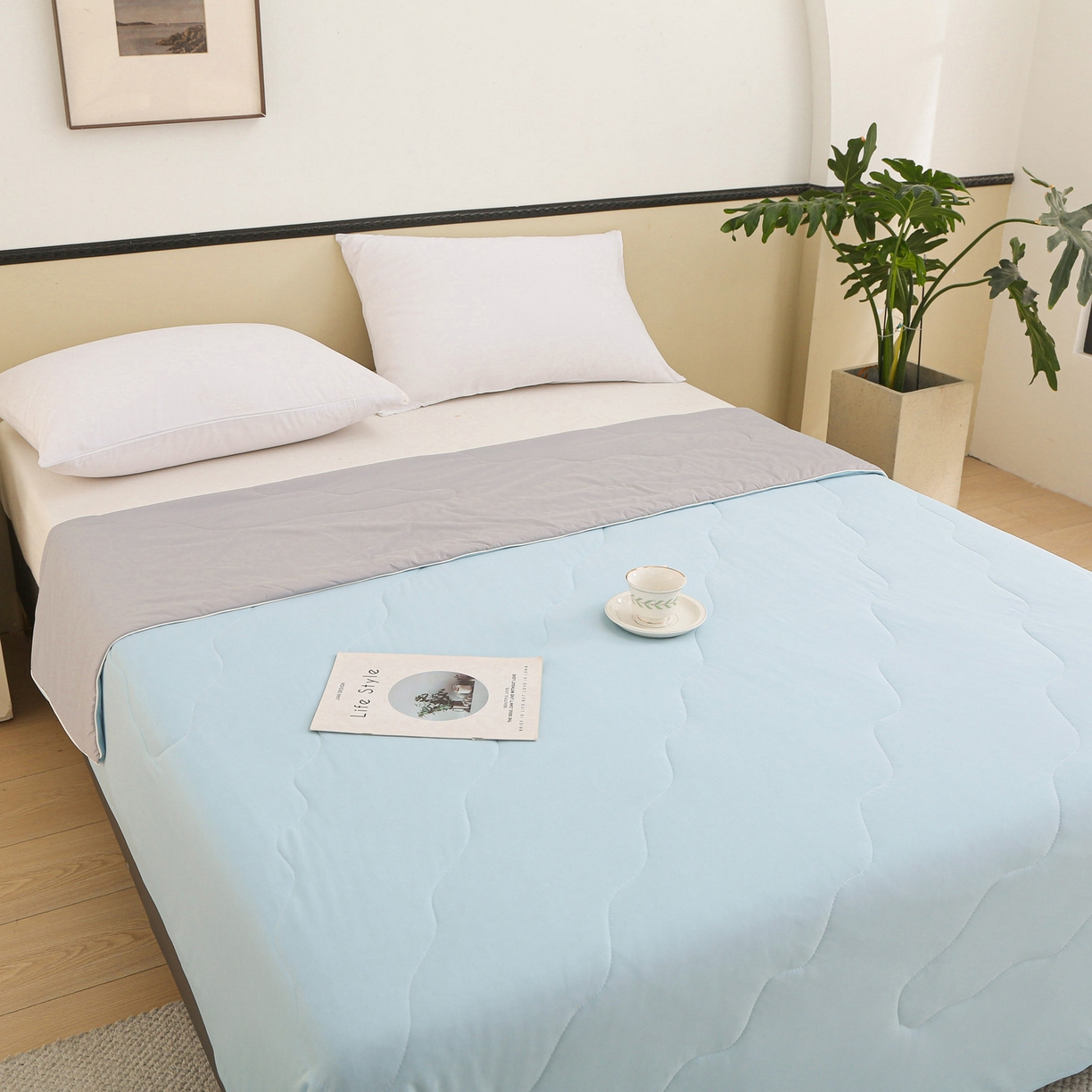 91家纺网 家纺一手货源 找家纺 亚龙工厂店 2026新款跨境直播热款A类冰淇淋冰皮小凉被被子被芯 天蓝+灰色