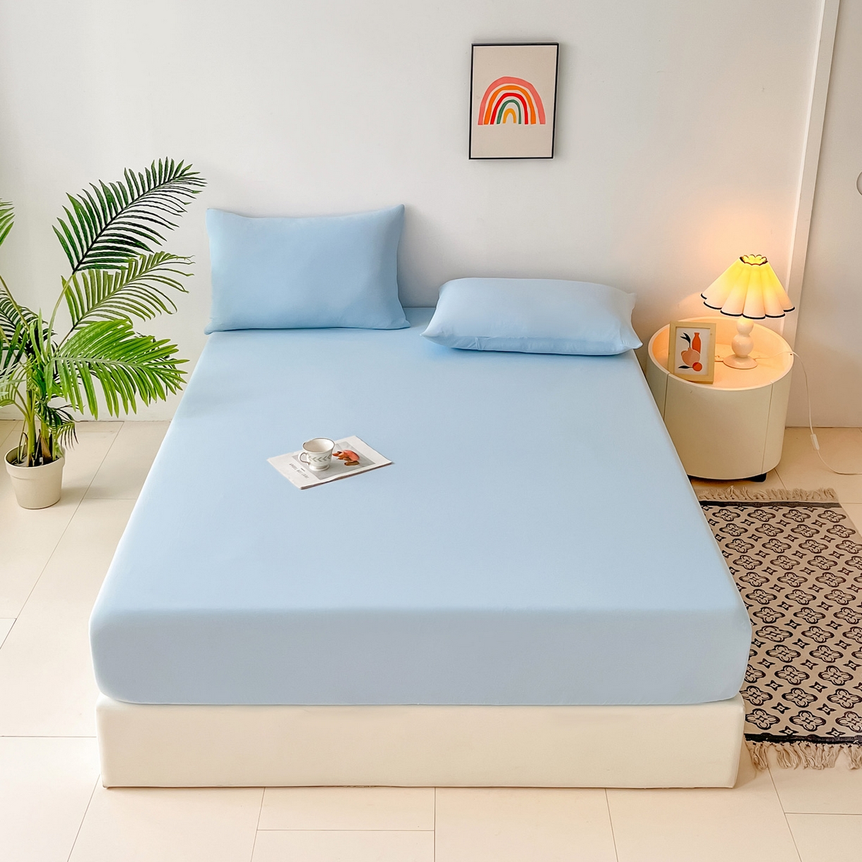 91家纺网 家纺一手货源 找家纺 亚龙工厂店 2026新款跨境热款云母冰丝席床笠三件套 天蓝