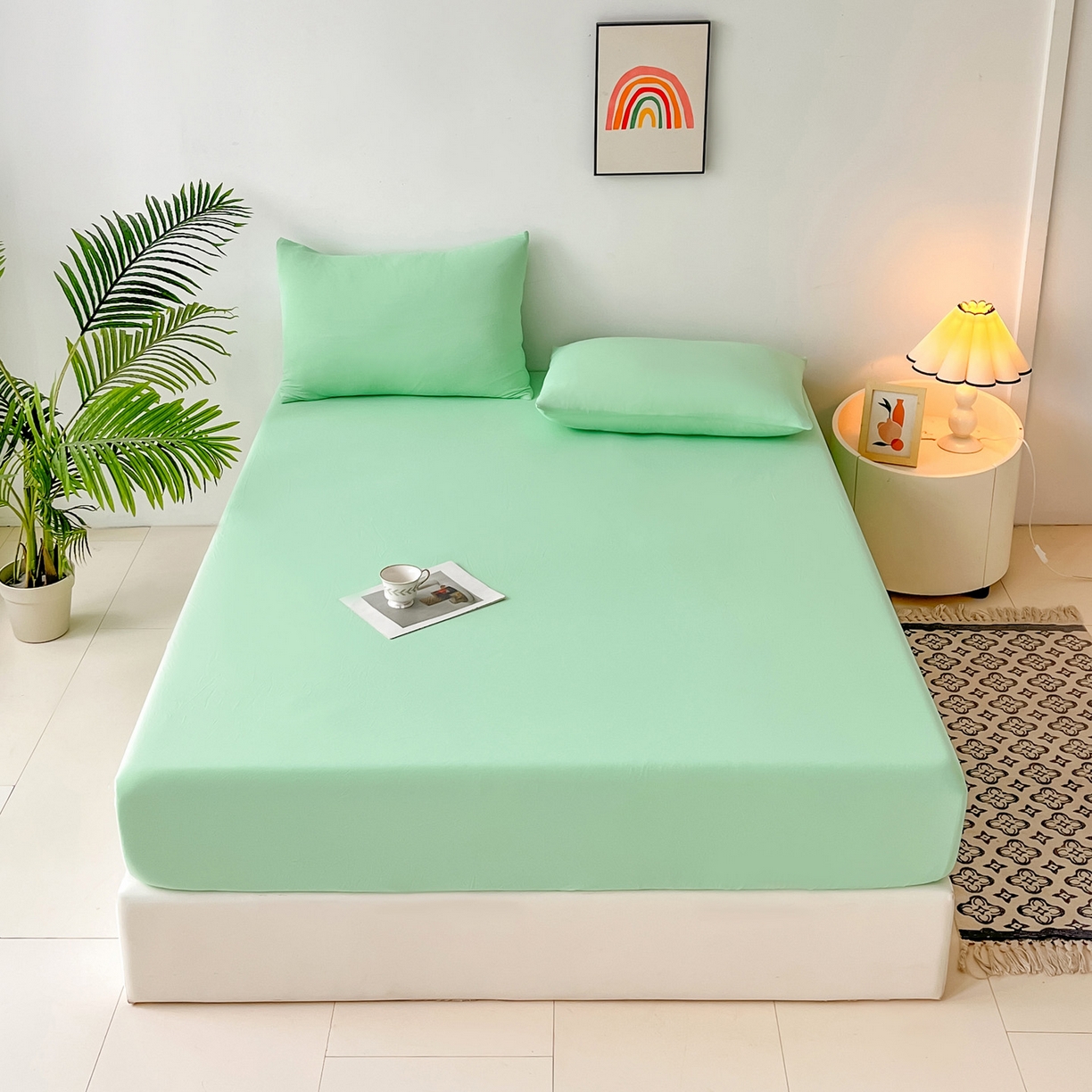 91家纺网 家纺一手货源 找家纺 亚龙工厂店 2026新款跨境热款云母冰丝席床笠三件套 浅绿