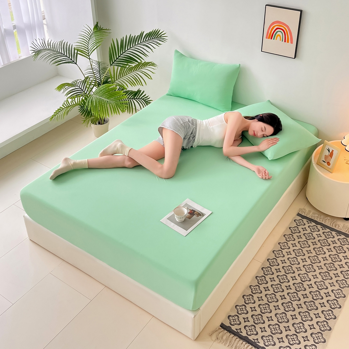 亚龙工厂店 2026新款跨境热款云母冰丝席床笠三件套 浅绿