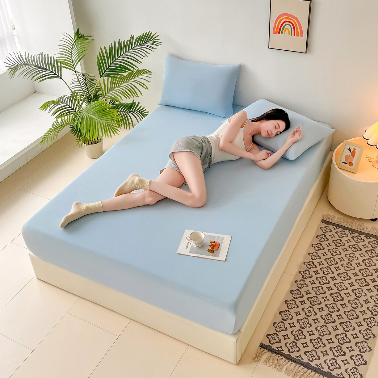 亚龙工厂店 2026新款跨境热款云母冰丝席床笠三件套 天蓝