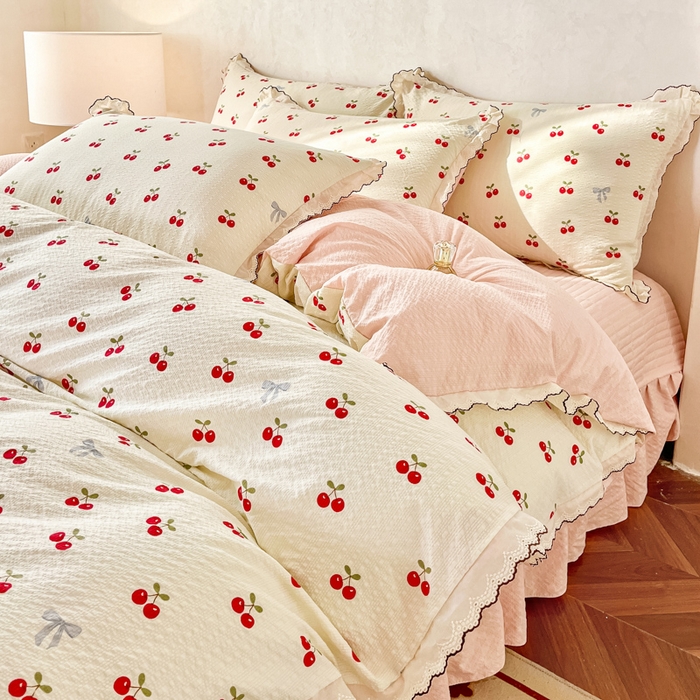 梦可莱家居 2026新款云朵泡芙棉床盖四件套 樱桃红