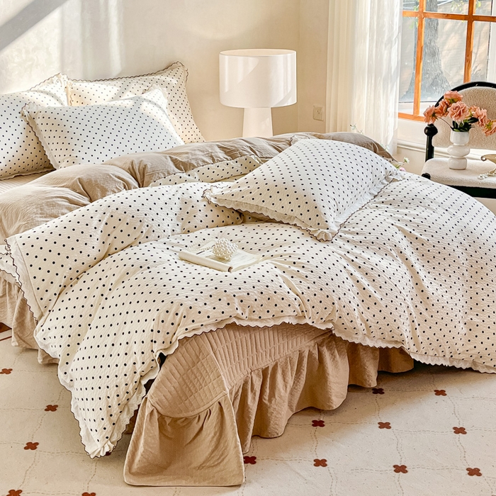 91家纺网 家纺一手货源 找家纺 梦可莱家居 2026新款云朵泡芙棉床盖四件套 米波点