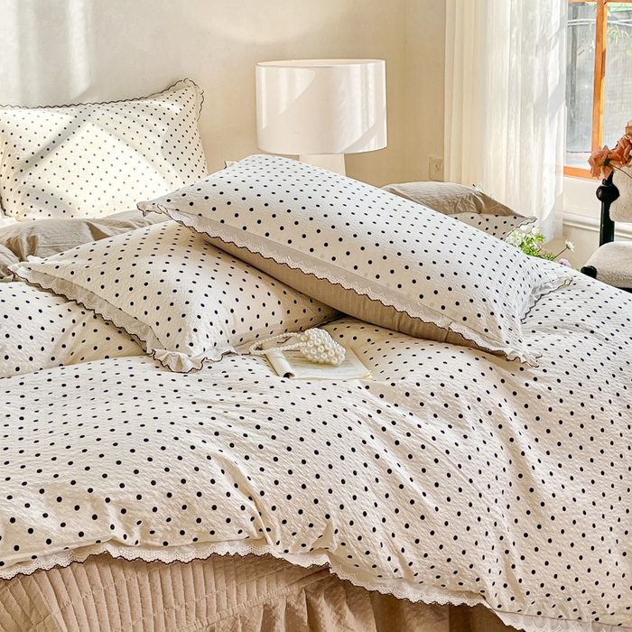 91家纺网 家纺一手货源 找家纺 梦可莱家居 2026新款云朵泡芙棉床盖四件套 米波点