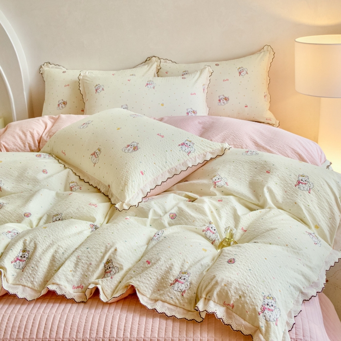 91家纺网 家纺一手货源 找家纺 梦可莱家居 2026新款云朵泡芙棉床盖四件套 猫世界