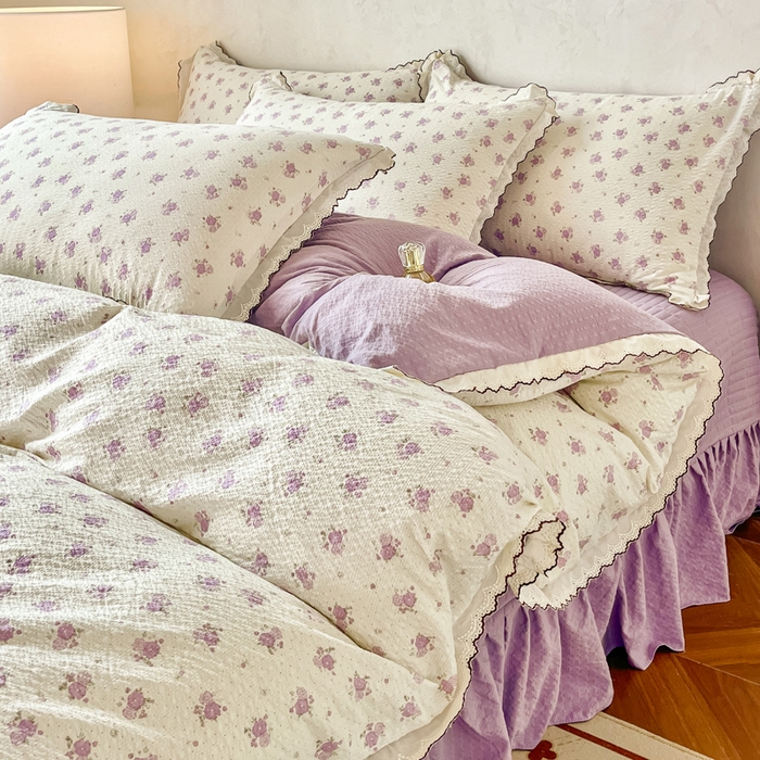 梦可莱家居 2026新款云朵泡芙棉床盖四件套 紫玫瑰