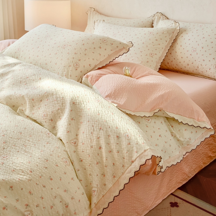 91家纺网 家纺一手货源 找家纺 梦可莱家居 2026新款云朵泡芙棉床盖四件套 爱情花