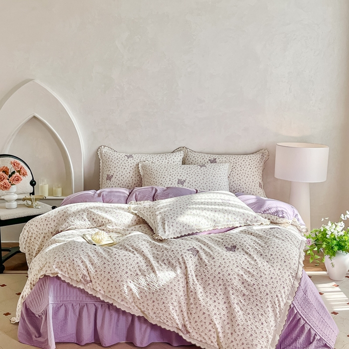 91家纺网 家纺一手货源 找家纺 梦可莱家居 2026新款云朵泡芙棉床盖四件套 紫玫瑰