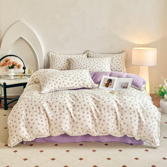 91家纺网 家纺一手货源 找家纺 梦可莱家居 2026新款云朵泡芙棉床盖四件套 紫玫瑰