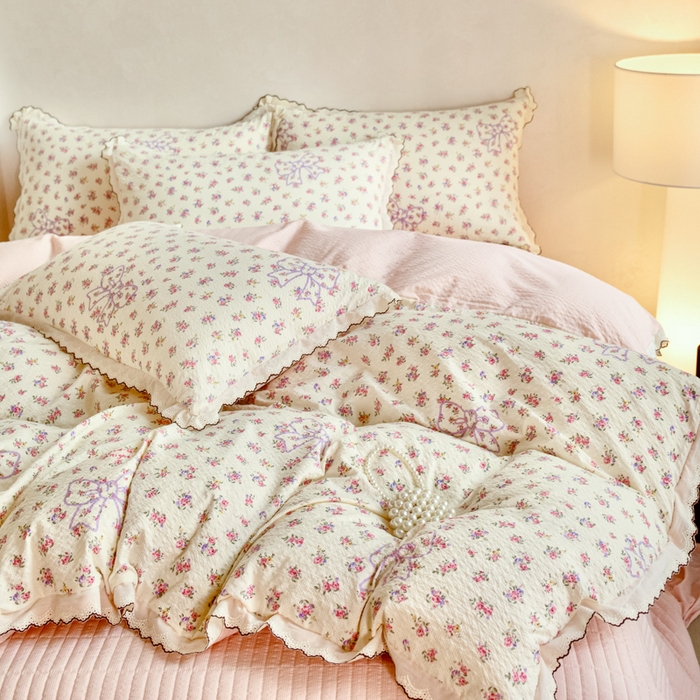 91家纺网 家纺一手货源 找家纺 梦可莱家居 2026新款云朵泡芙棉床盖四件套 蝴蝶结
